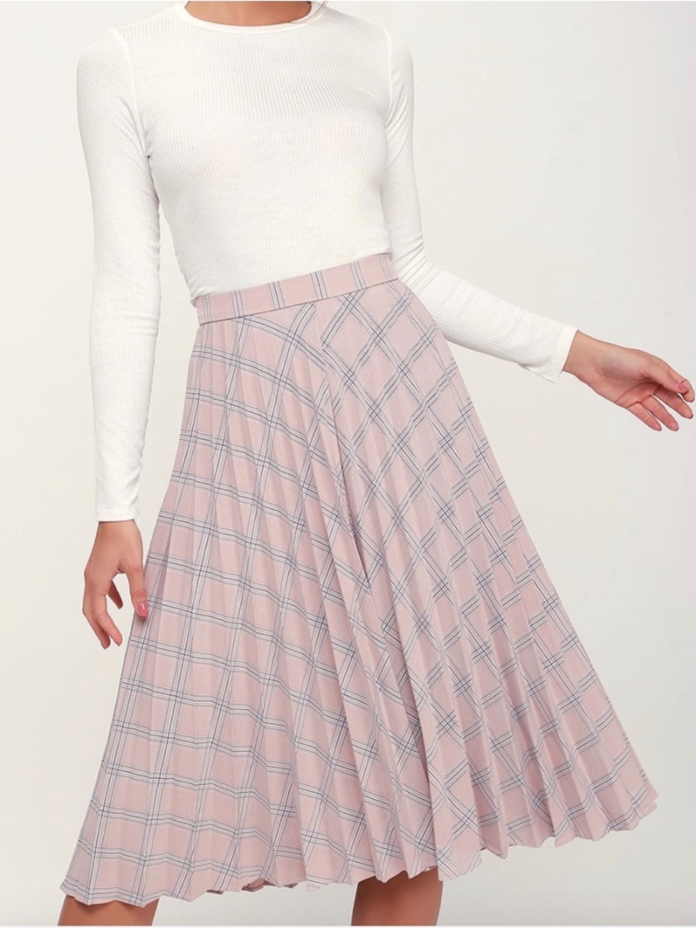 Z🐞Lulu's Neutral Plaid Pleated Midi Skirt Size L